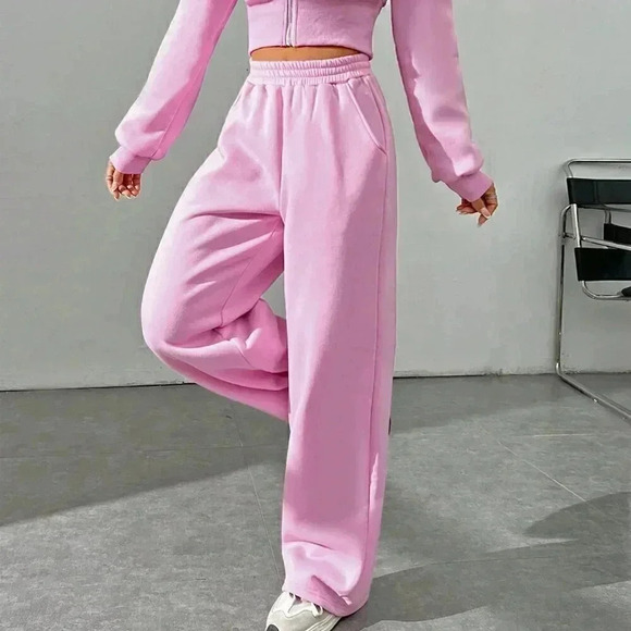 Pink Casual Women's Spring Zip Front Hooded Sweatshirt And Pants Two Piece Set - Picture 7 of 7